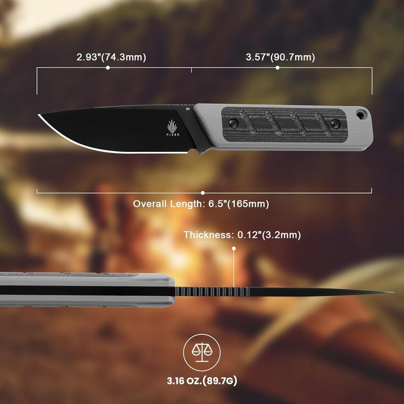 KIZER Smolt Fixed Blade Knife, 2.93 In Drop Point Blade Fixed-blade Knives with Sheath, 3V Steel and G10+Micarta Handle Fixed Blade Utility Knife for Men Women Outdoor Survival EDC, 1063A1 - Image 5